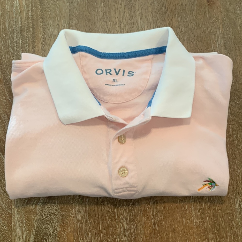 XL Orvis Polo in Light Pink with White Accents and Blue Back Sleeve